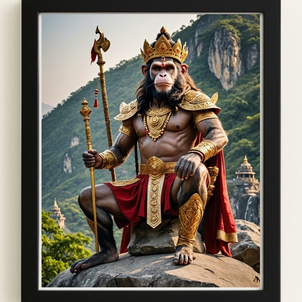 Majestic Gold and Red Monkey King Hanuman Art Print In A Frame 8x10